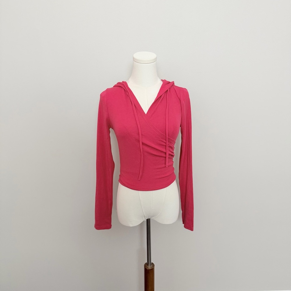 Anna Kaci Hoodie Top Crop Lightweight Faux Wrap Athleisure Lounge Athletic Pink